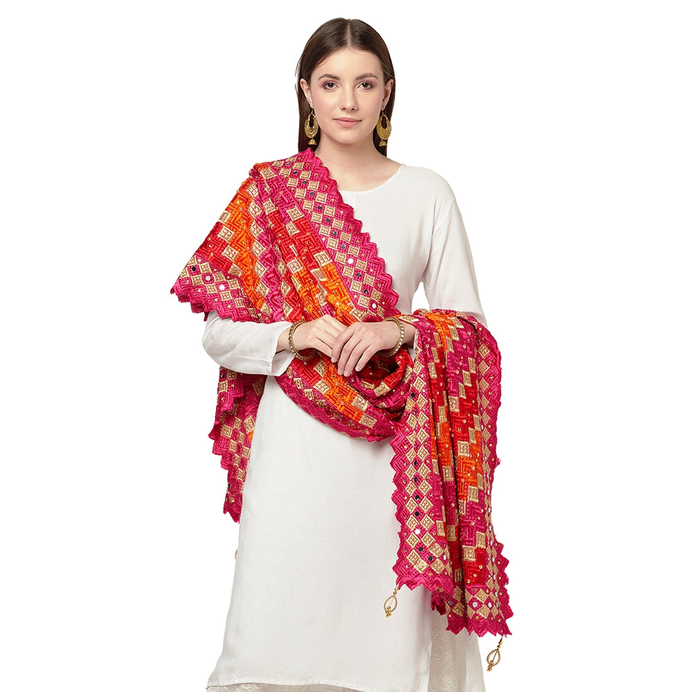 Multicolored Phulkari Dupatta Four Side Cut Work With Latkans (Tassels) By The Amritsar Store - The Amritsar Store