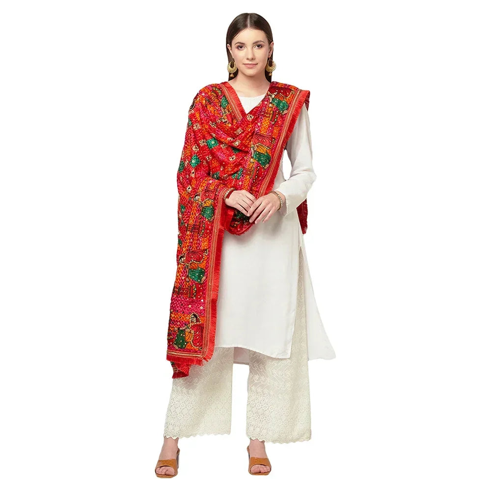 Red Phulkari Duapatta Four Side Heavy Borders With Mirror Work By The Amritsar Store - The Amritsar Store