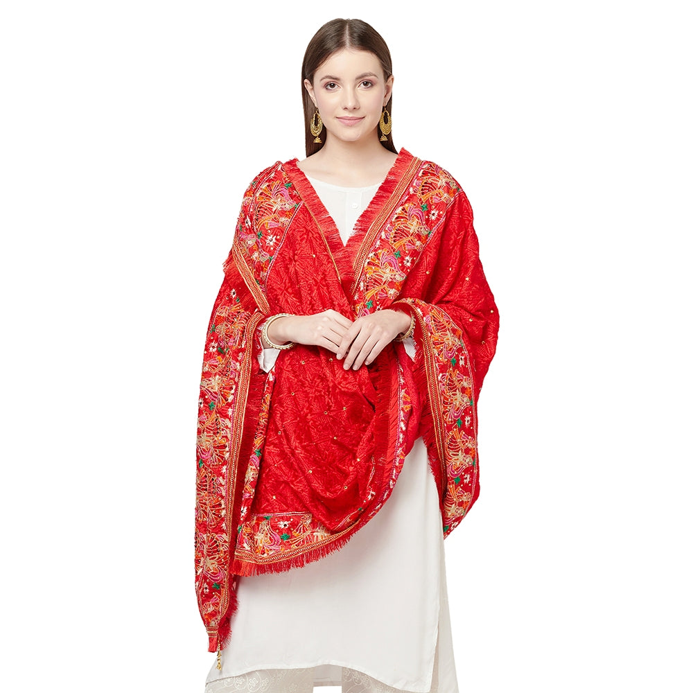 Red Four Side Border Farmer Heavy Embroidery with Tassels & Stone Work Phulkari Dupatta By The Amritsar Store - The Amritsar Store