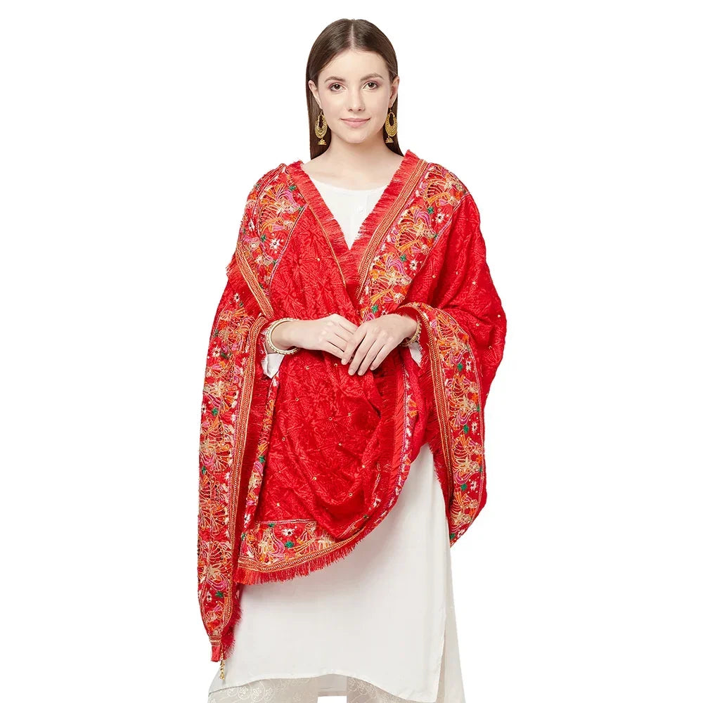 Red Four Side Border Farmer Heavy Embroidery with Tassels & Stone Work Phulkari Dupatta By The Amritsar Store - The Amritsar Store