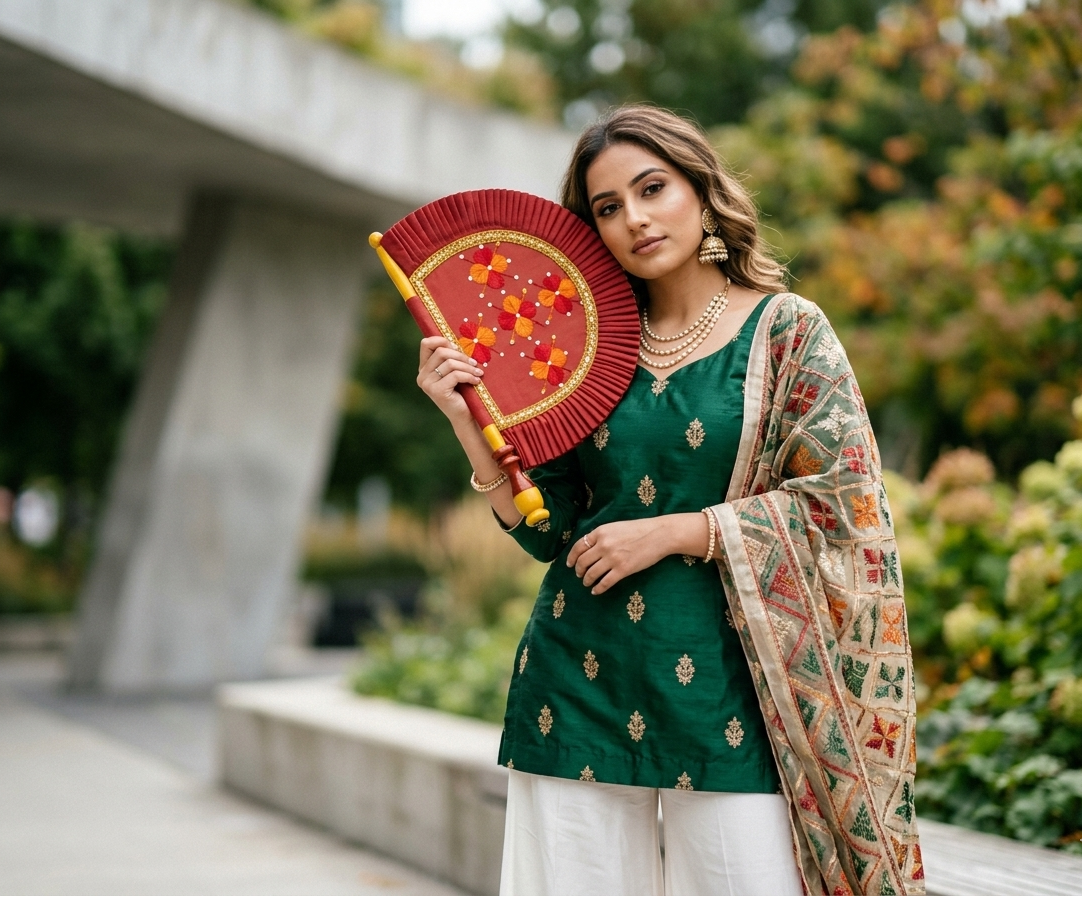 The Amritsar Store Phulkari Traditional Hand Fan in Red with Floral Embroidery