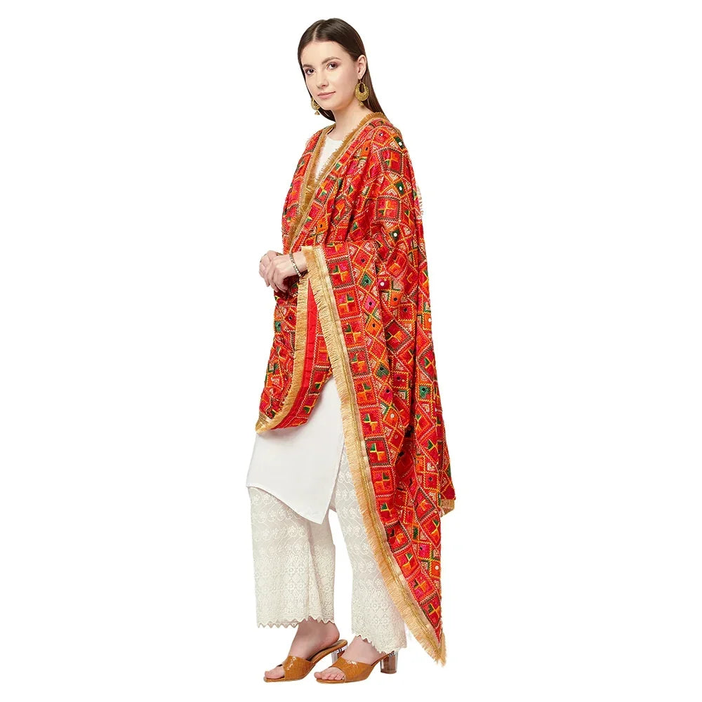 Geometrical Multicolored Phulkari Dupatta With Four Side Golden Lace And Mirror Work By The Amritsar Store - The Amritsar Store
