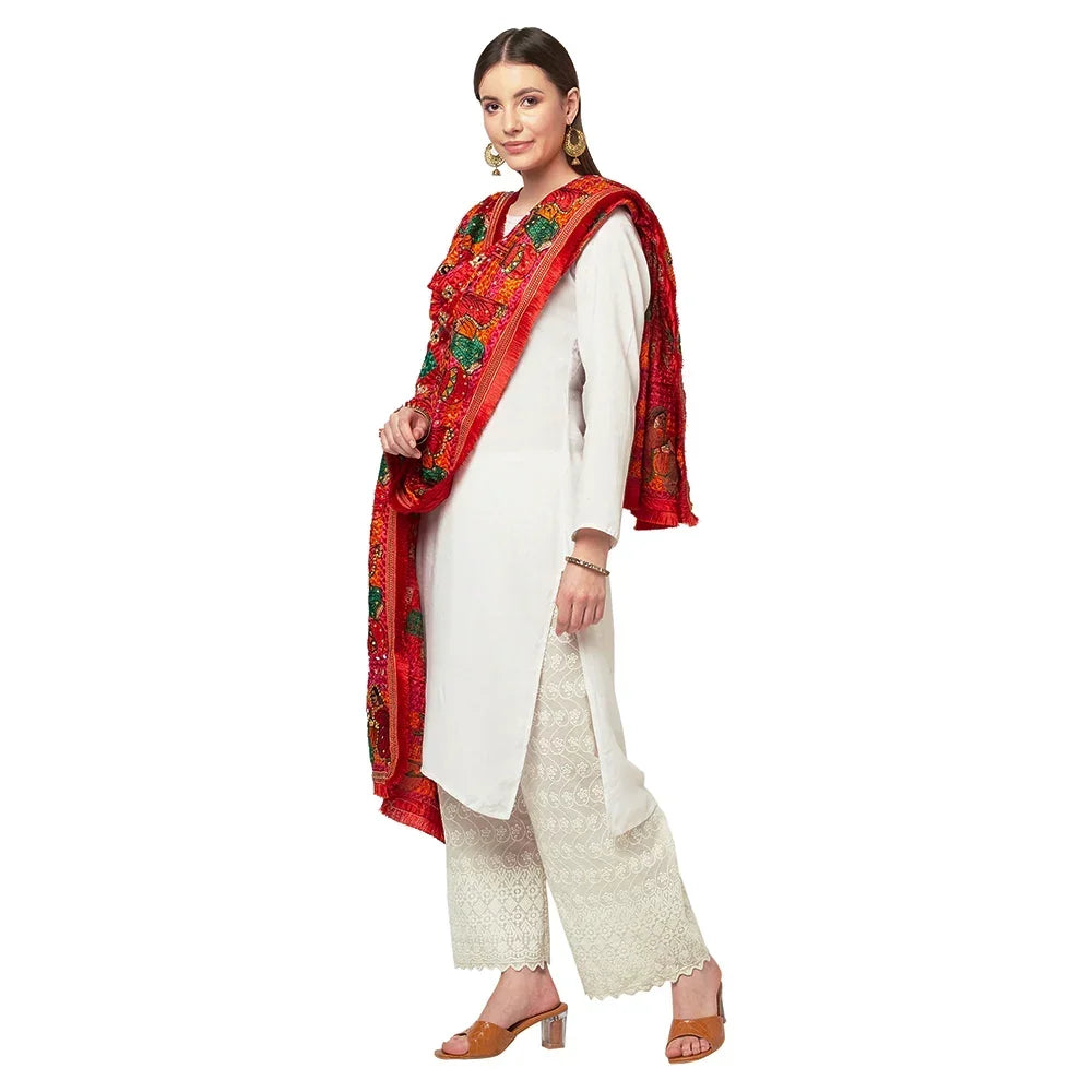 Red Phulkari Duapatta Four Side Heavy Borders With Mirror Work By The Amritsar Store - The Amritsar Store