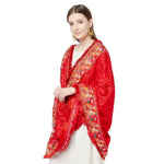 Red Four Side Border Farmer Heavy Embroidery with Tassels & Stone Work Phulkari Dupatta By The Amritsar Store - The Amritsar Store