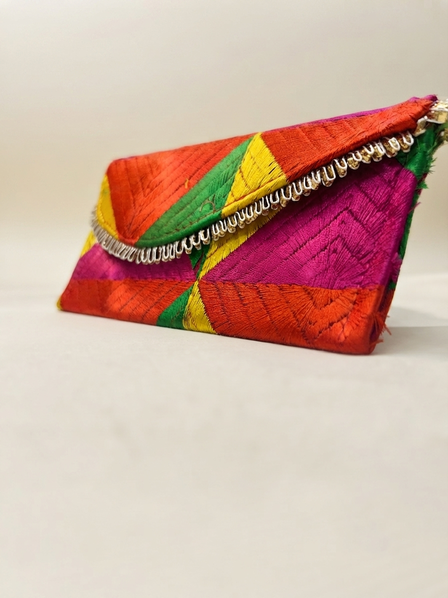 Multicolor Phulkari Shagun Lifafa with Golden Lace |The Amritsar Store