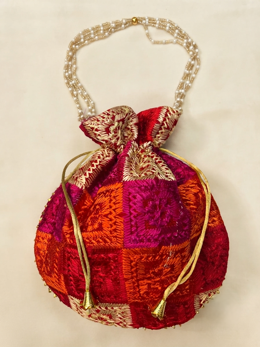 Phulkari Handmade Potli Bag with Pearl Beaded Handle & Golden Lace| The Amritsar Store