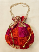 Phulkari Handmade Potli Bag with Pearl Beaded Handle & Golden Lace| The Amritsar Store