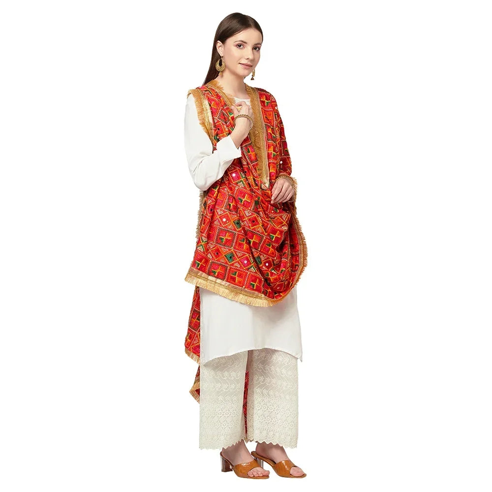 Geometrical Multicolored Phulkari Dupatta With Four Side Golden Lace And Mirror Work By The Amritsar Store - The Amritsar Store