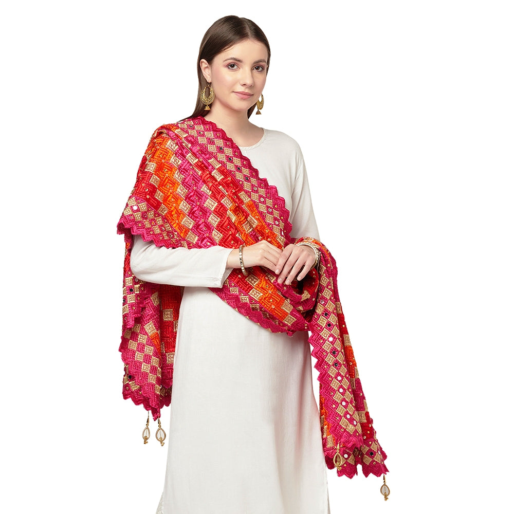 Multicolored Phulkari Dupatta Four Side Cut Work With Latkans (Tassels) By The Amritsar Store - The Amritsar Store