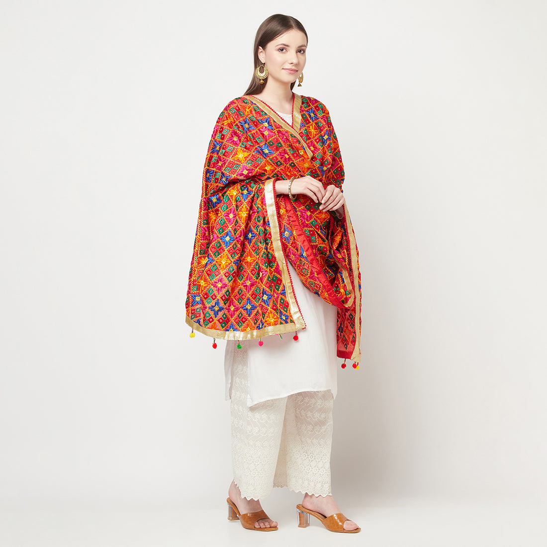 Multicolored Phulkari Dupatta Four Side Gotta Patti With Latkans (Tassels) By The Amritsar Store - The Amritsar Store