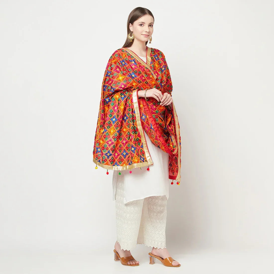 Multicolored Phulkari Dupatta Four Side Gotta Patti With Latkans (Tassels) By The Amritsar Store - The Amritsar Store