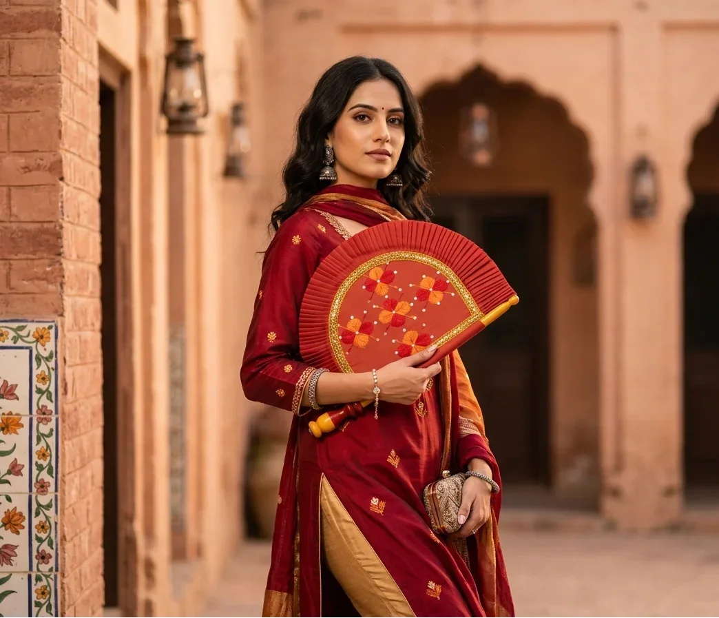 The Amritsar Store Phulkari Traditional Hand Fan in Red with Floral Embroidery - The Amritsar Store