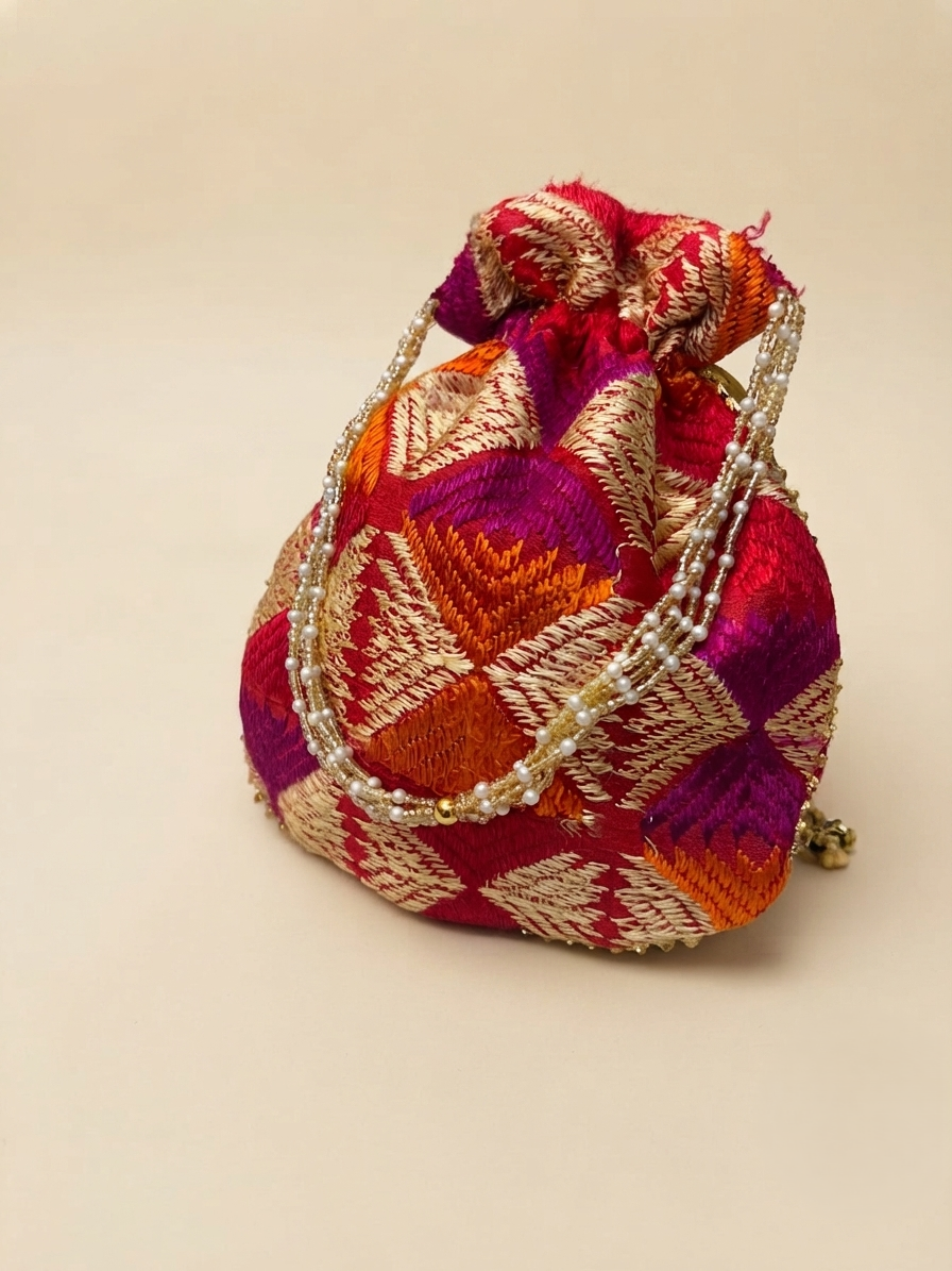 Phulkari Potli Bag – Multicolor Handmade Potli with Pearl Handle | The Amritsar Store