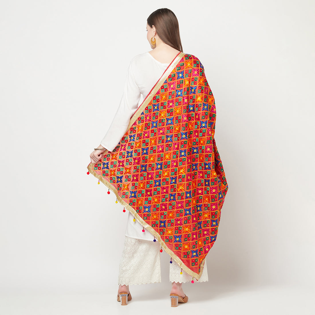 Multicolored Phulkari Dupatta Four Side Gotta Patti With Latkans (Tassels) By The Amritsar Store - The Amritsar Store