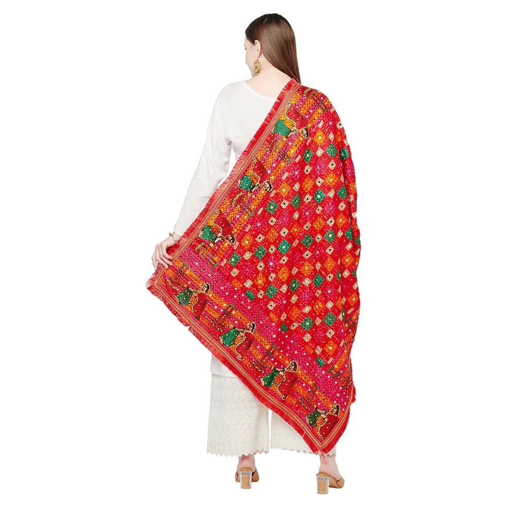 Red Phulkari Duapatta Four Side Heavy Borders With Mirror Work By The Amritsar Store - The Amritsar Store