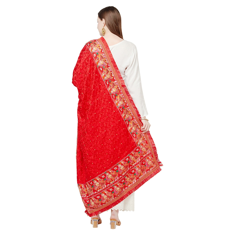 Red Four Side Border Farmer Heavy Embroidery with Tassels & Stone Work Phulkari Dupatta By The Amritsar Store - The Amritsar Store