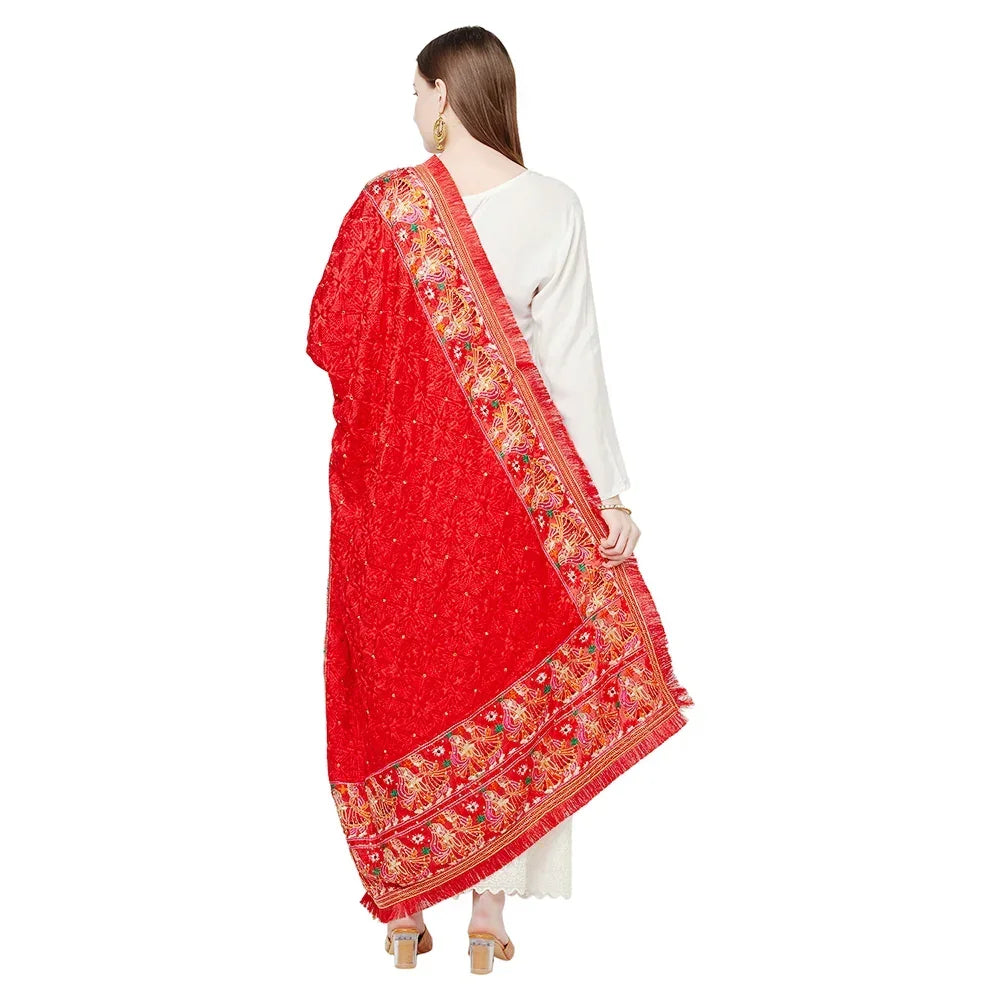 Red Four Side Border Farmer Heavy Embroidery with Tassels & Stone Work Phulkari Dupatta By The Amritsar Store - The Amritsar Store
