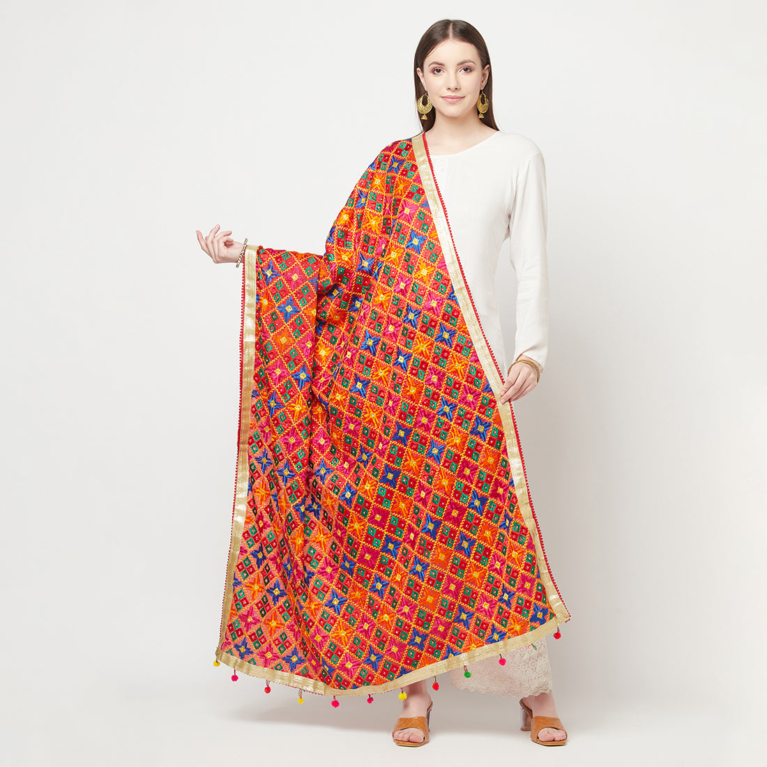 Multicolored Phulkari Dupatta Four Side Gotta Patti With Latkans (Tassels) By The Amritsar Store - The Amritsar Store