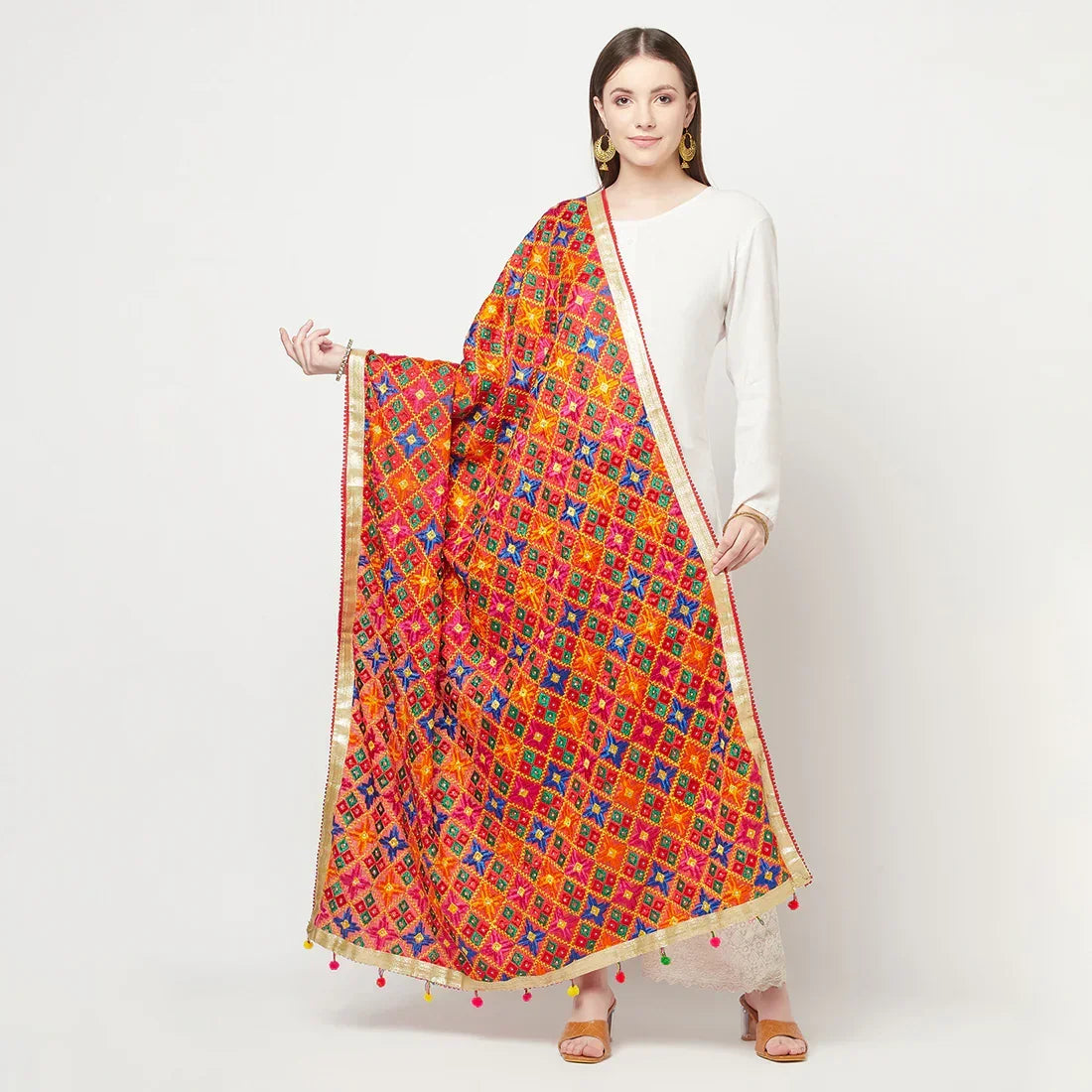 Multicolored Phulkari Dupatta Four Side Gotta Patti With Latkans (Tassels) By The Amritsar Store - The Amritsar Store
