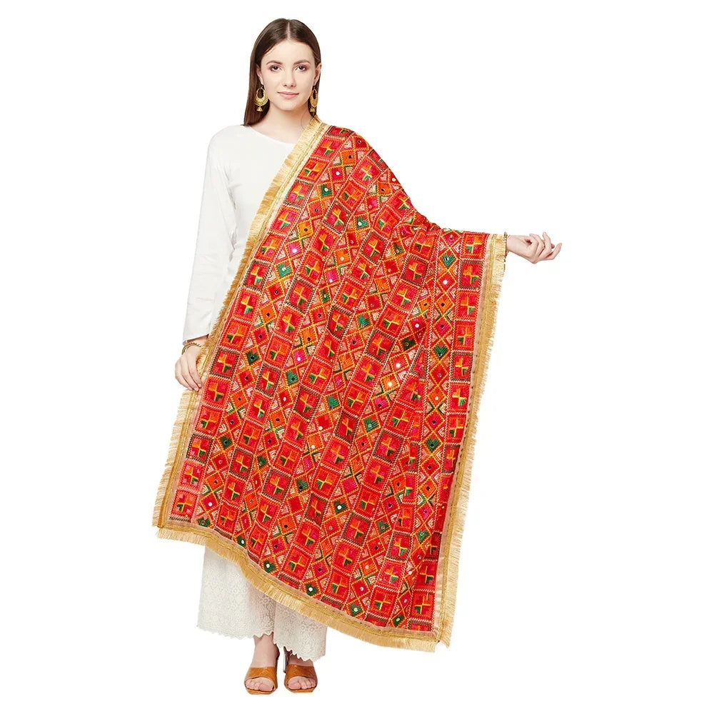 Geometrical Multicolored Phulkari Dupatta With Four Side Golden Lace And Mirror Work By The Amritsar Store - The Amritsar Store