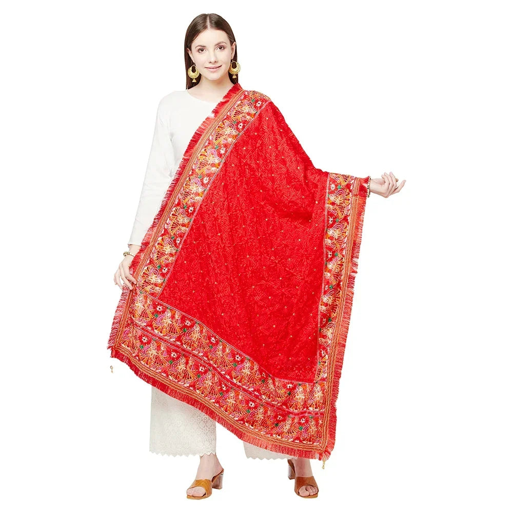 Red Four Side Border Farmer Heavy Embroidery with Tassels & Stone Work Phulkari Dupatta By The Amritsar Store - The Amritsar Store