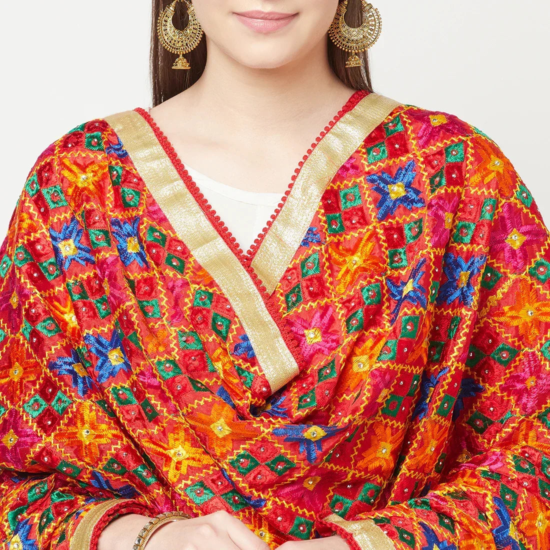Multicolored Phulkari Dupatta Four Side Gotta Patti With Latkans (Tassels) By The Amritsar Store - The Amritsar Store