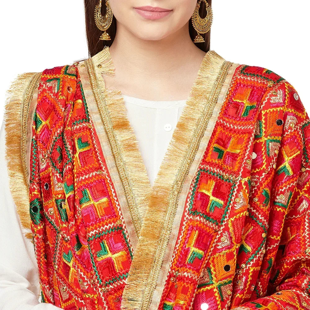 Geometrical Multicolored Phulkari Dupatta With Four Side Golden Lace And Mirror Work By The Amritsar Store - The Amritsar Store