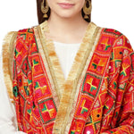 Geometrical Multicolored Phulkari Dupatta With Four Side Golden Lace And Mirror Work By The Amritsar Store - The Amritsar Store
