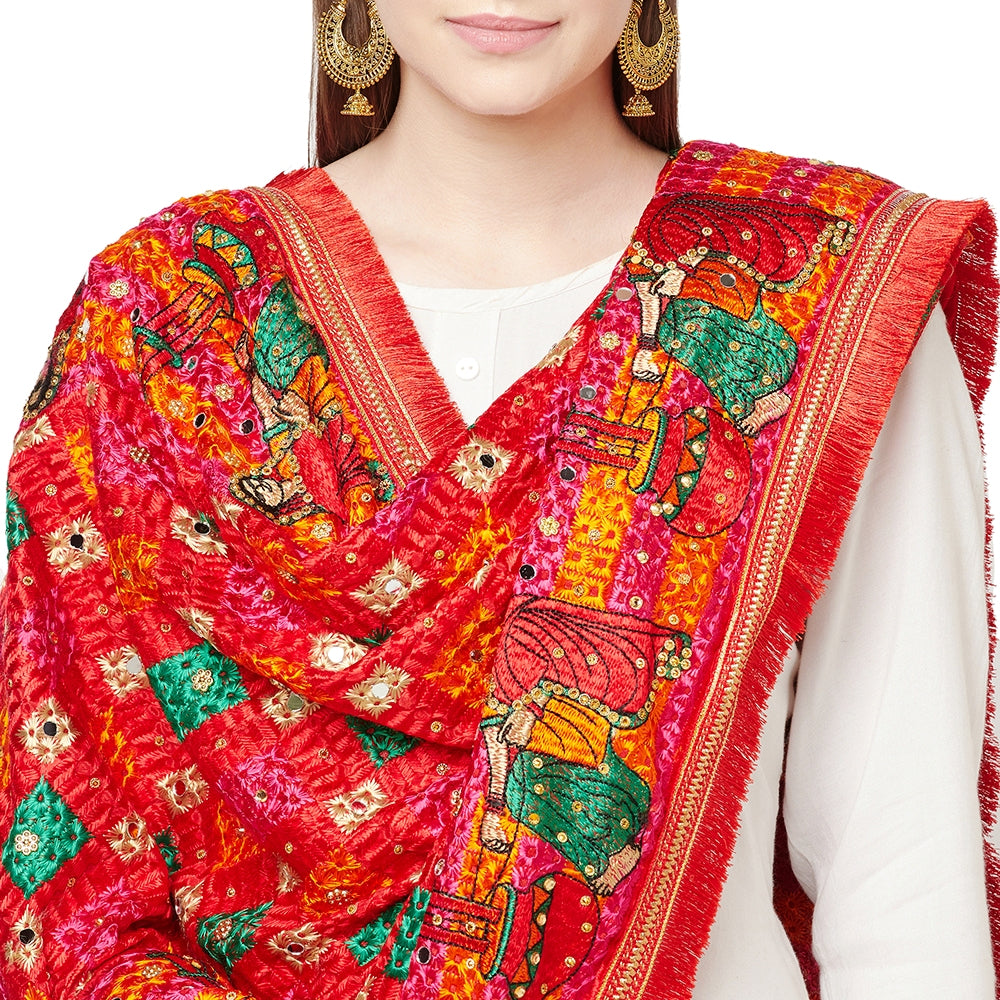 Red Phulkari Duapatta Four Side Heavy Borders With Mirror Work By The Amritsar Store - The Amritsar Store