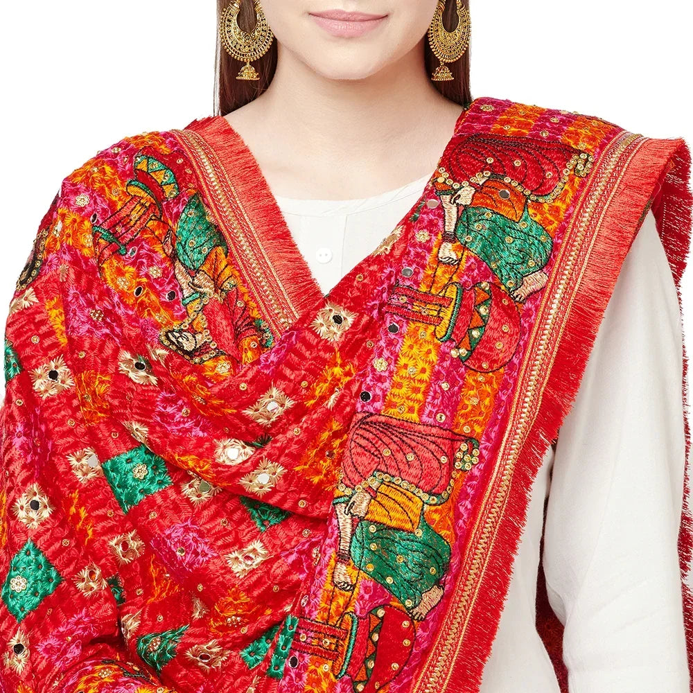 Red Phulkari Duapatta Four Side Heavy Borders With Mirror Work By The Amritsar Store - The Amritsar Store