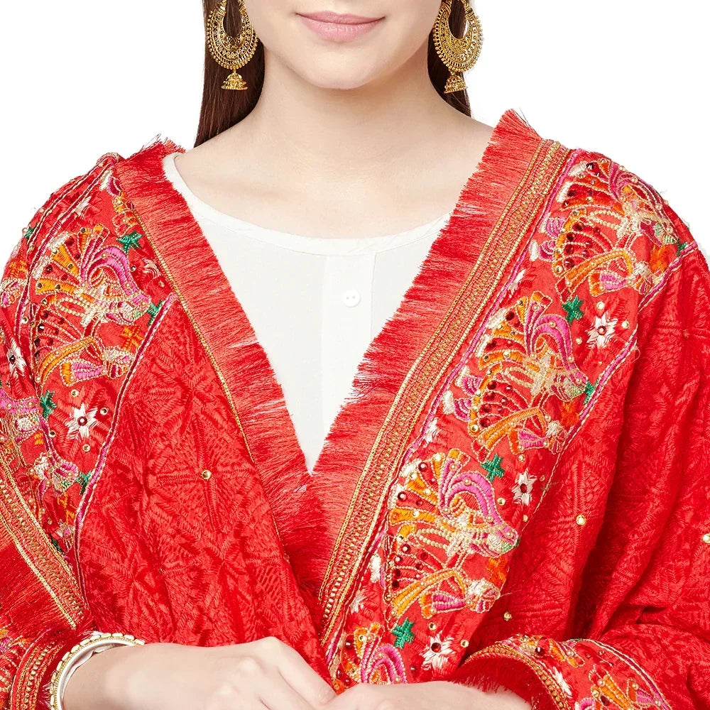 Red Four Side Border Farmer Heavy Embroidery with Tassels & Stone Work Phulkari Dupatta By The Amritsar Store - The Amritsar Store