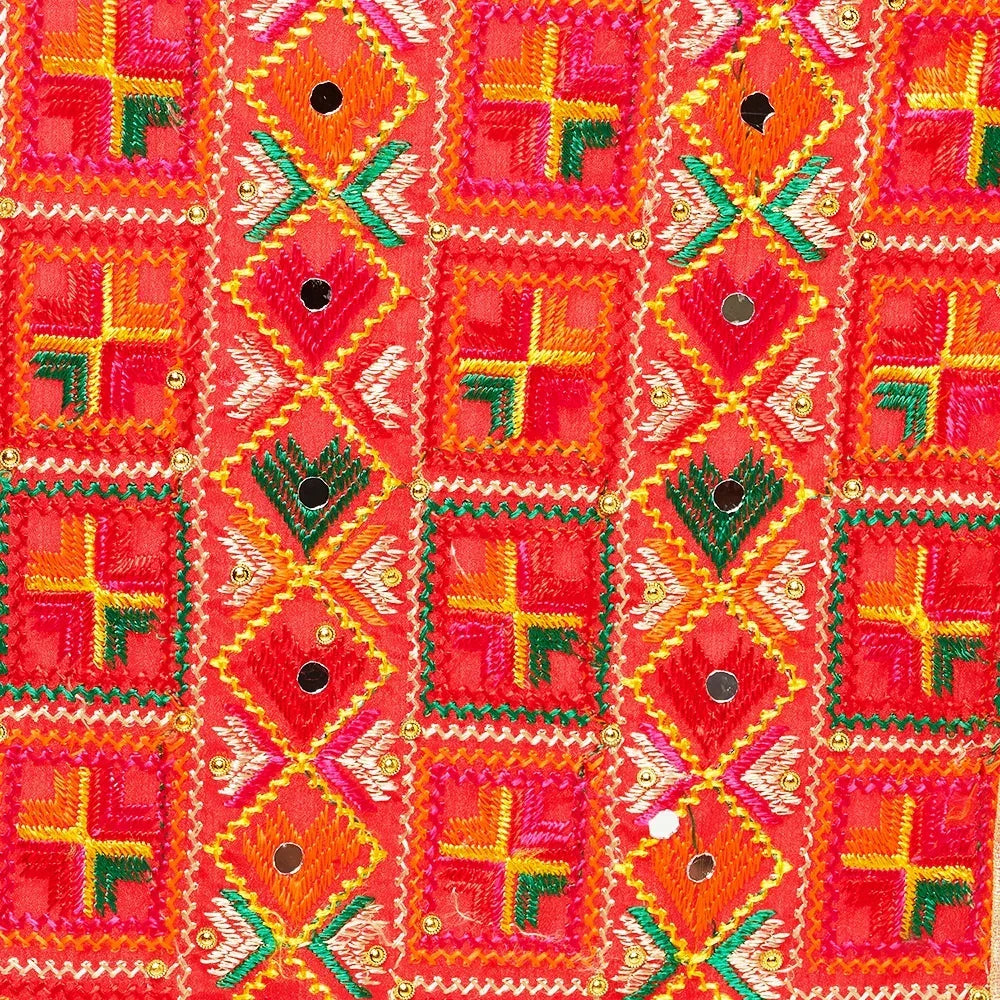 Geometrical Multicolored Phulkari Dupatta With Four Side Golden Lace And Mirror Work By The Amritsar Store - The Amritsar Store