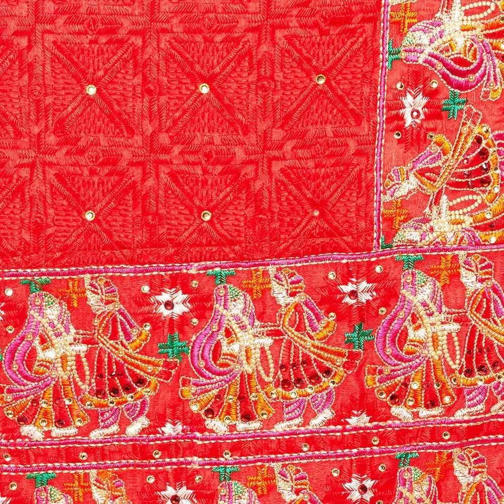 Red Four Side Border Farmer Heavy Embroidery with Tassels & Stone Work Phulkari Dupatta By The Amritsar Store - The Amritsar Store