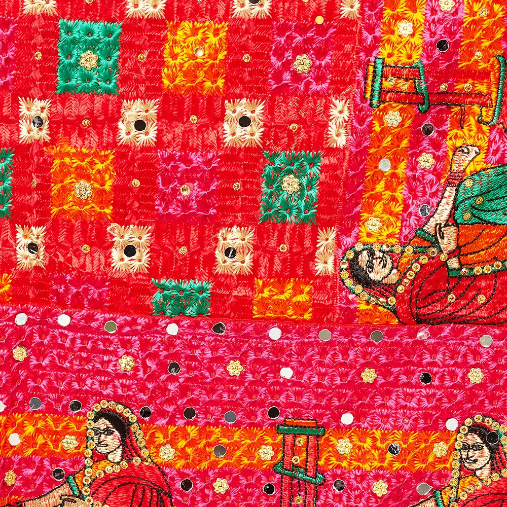 Red Phulkari Duapatta Four Side Heavy Borders With Mirror Work By The Amritsar Store - The Amritsar Store
