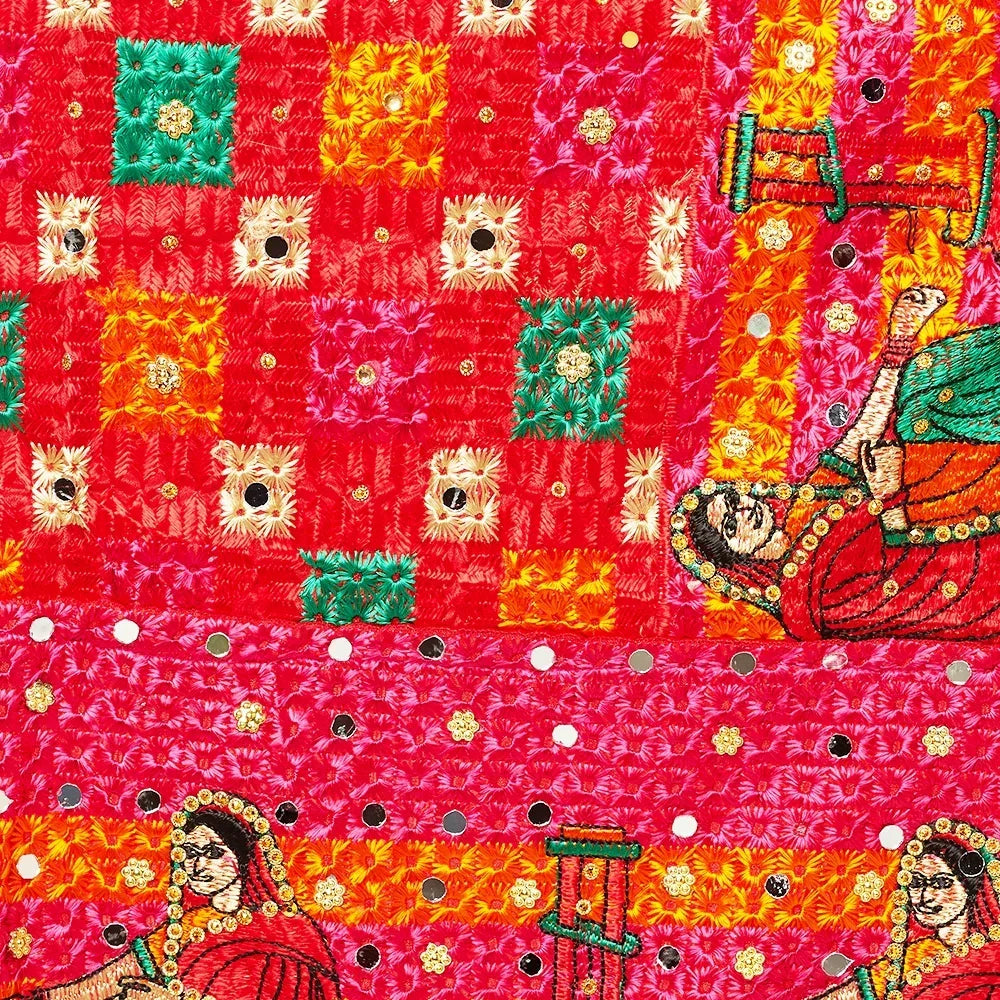 Red Phulkari Duapatta Four Side Heavy Borders With Mirror Work By The Amritsar Store - The Amritsar Store