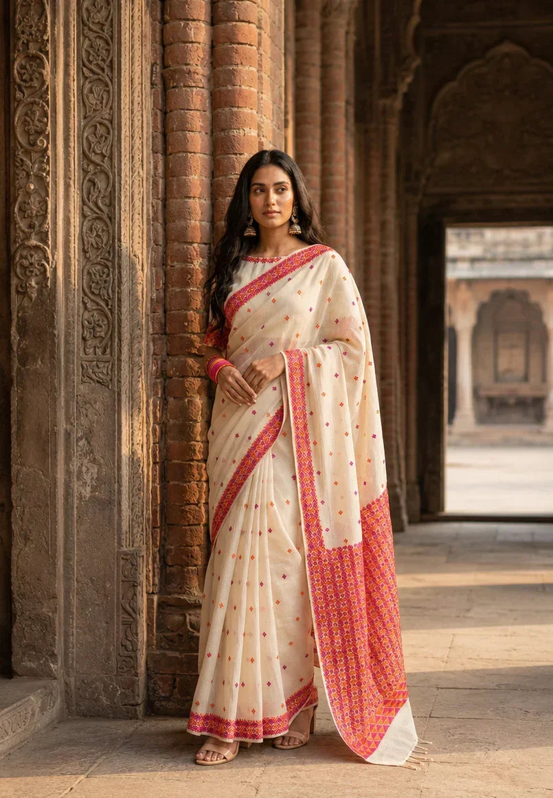 Phulkari Saree -Hand Embroidered White Saree with Orange Embroidery | The Amritsar Store - The Amritsar Store