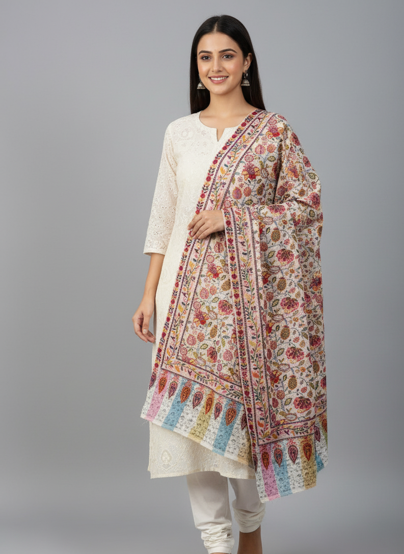 The Amritsar Store Kashmiri Sozni Embroidered Stole – Multicolor with Pastel Paisley Border