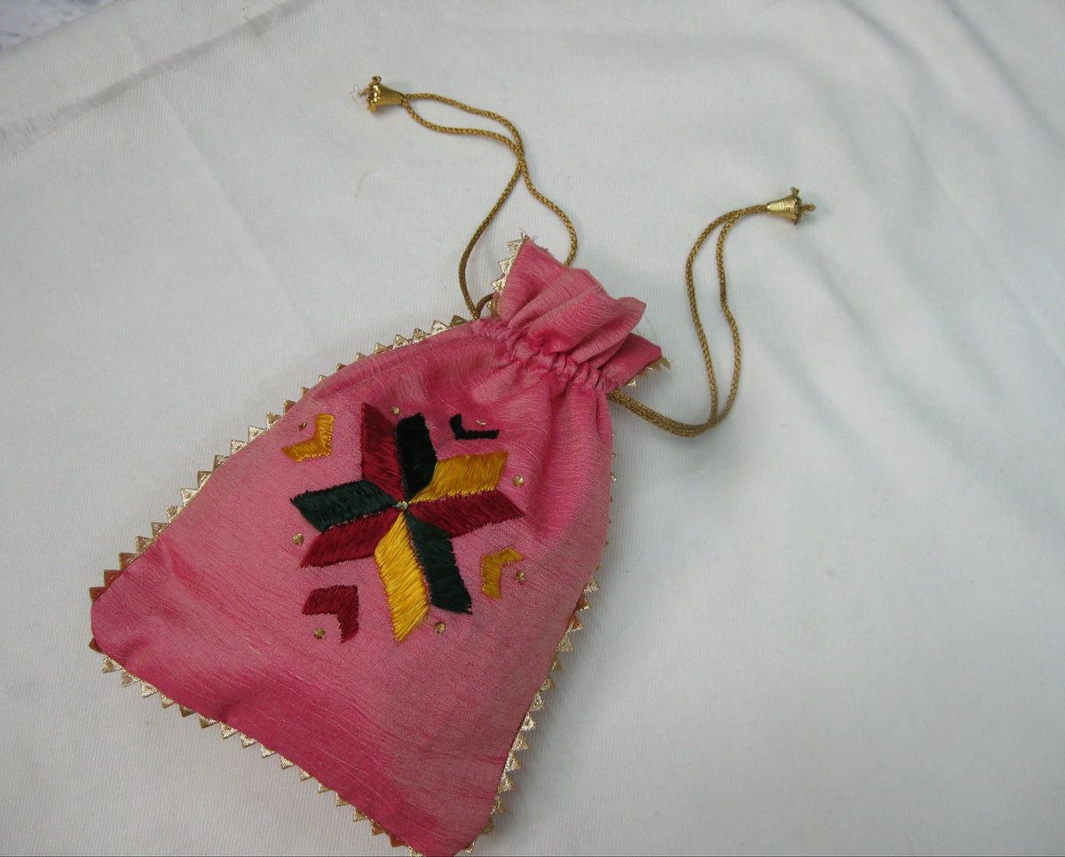 The Amritsar Store Pink Hand Embroidered Potli Bag with Golden Lace - The Amritsar Store