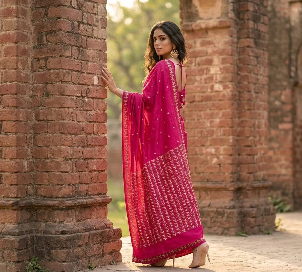Phulkari Saree - Hand Embroidered Saree in Magenta color | The Amritsar Store - The Amritsar Store