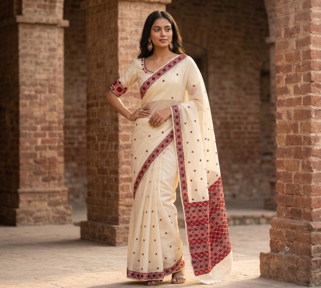 Phulkari Saree – Hand Embroidered White Saree For Women | The Amritsar Store