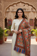 The Amritsar Store Handcrafted Kashmiri Floral Stole – Multicolor Traditional Embroidery with Striped Tassels - The Amritsar Store