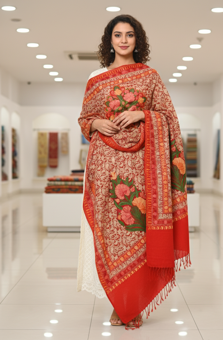 The Amritsar Store Red Kashmiri Shawl with Multicolor Aari Embroidered Floral Jaal