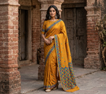 Phulkari Saree – Hand Embroidered Mustard Saree in Blue Thread | The Amritsar Store