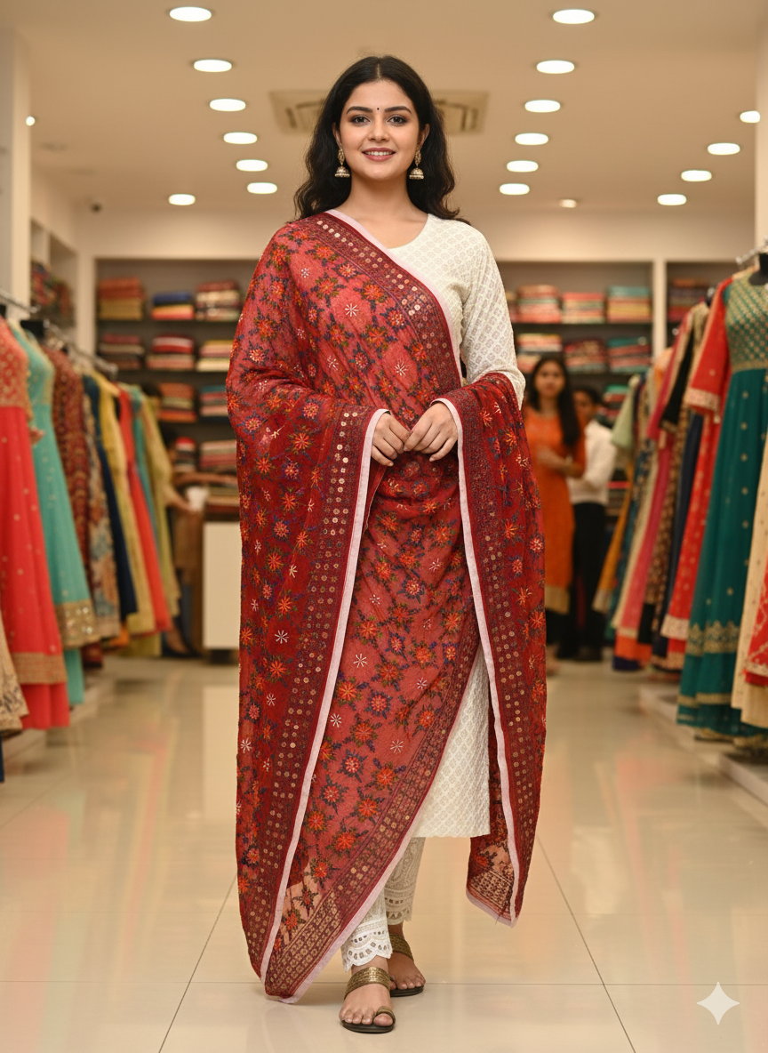 Red Phulkari Dupatta With Multicolor Embroidery by The Amritsar Store