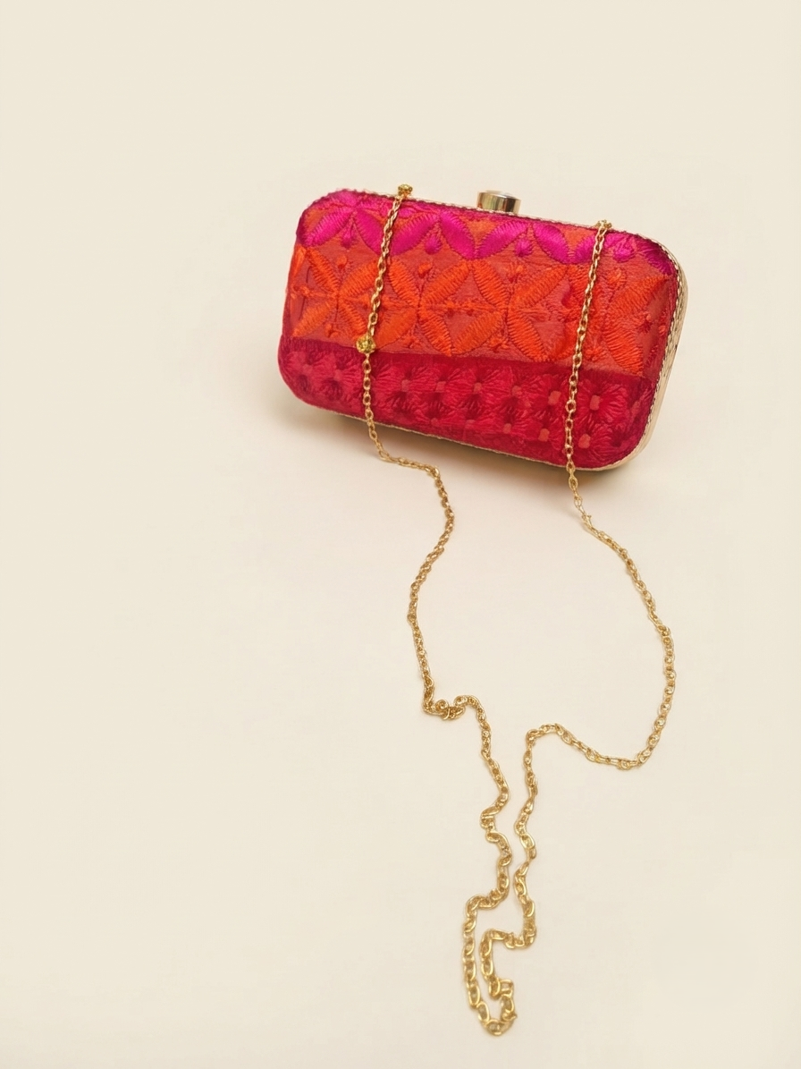 Phulkari Clutch – Multicolor Traditional Punjabi Clutch with Golden Chain