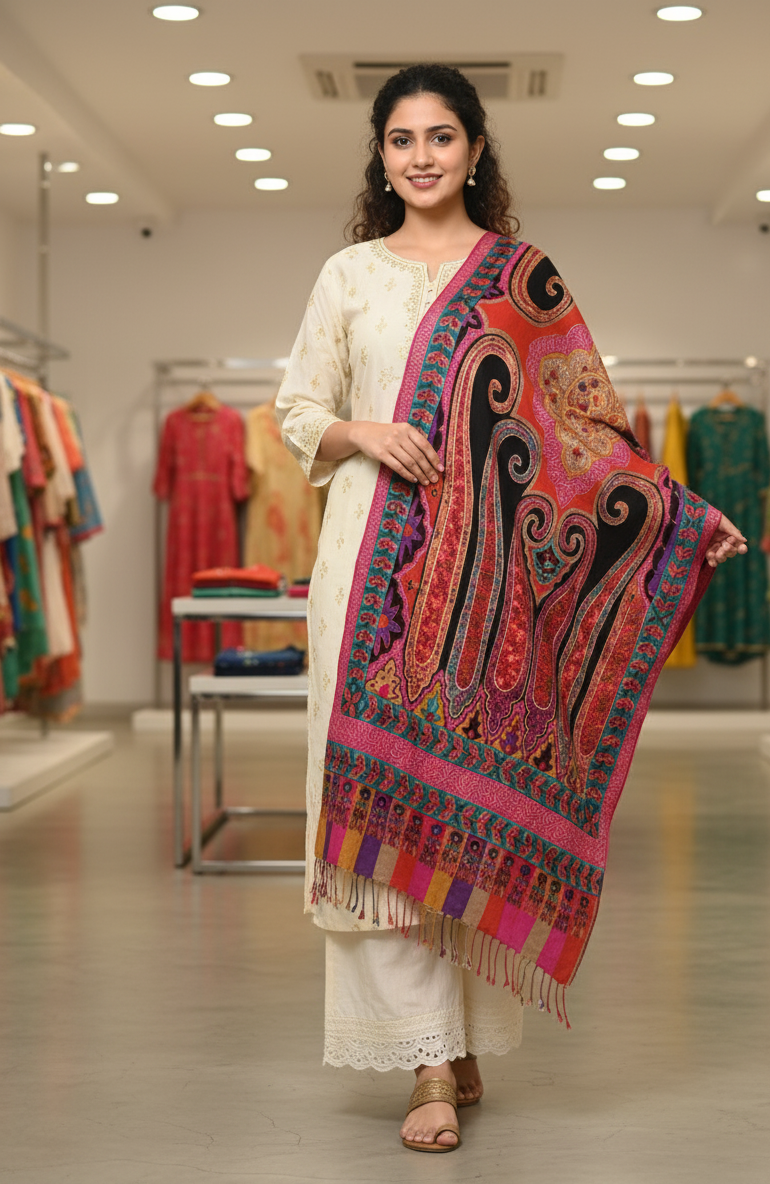 Paisley Tie-Dye Shawl with Multicolor Kashmiri Aari Embroidery