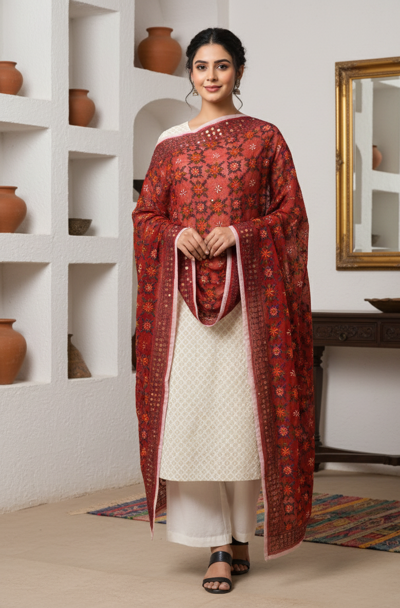 Red Phulkari Dupatta With Multicolor Embroidery by The Amritsar Store