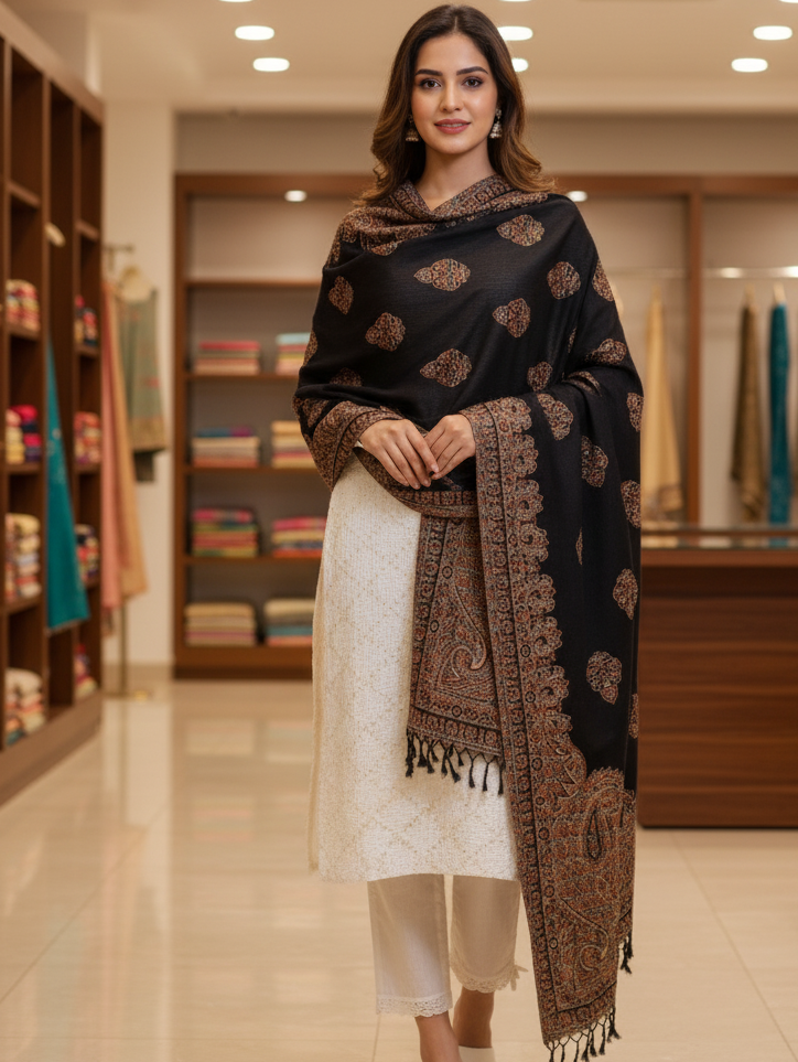 The Amritsar Store Classic Kashmiri Jamawar Shawl with Timeless Paisley Motifs