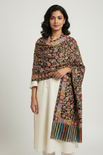 The Amritsar Store,Kashmiri kalamkari Embroidered Stole – Multicolor Floral Jaal on Black Base with Vibrant Striped Border