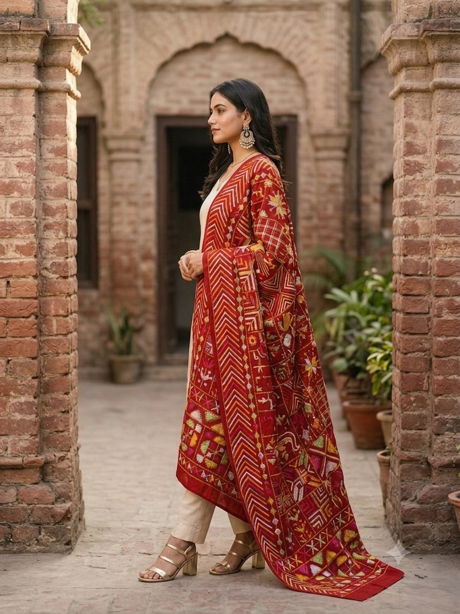 Phulkari Bagh Dupatta – Hand Embroidered Heritage Dupatta | The Amritsar Store